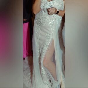 Nude off the shoulder Bella & Bloom wedding dress